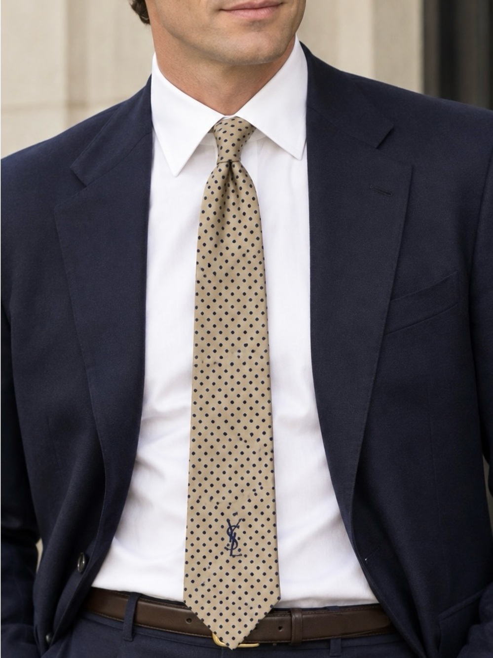 YSL Yves Saint Laurent Paris New York Beige Gold Monogram Tie Navy Polka Dot VTG